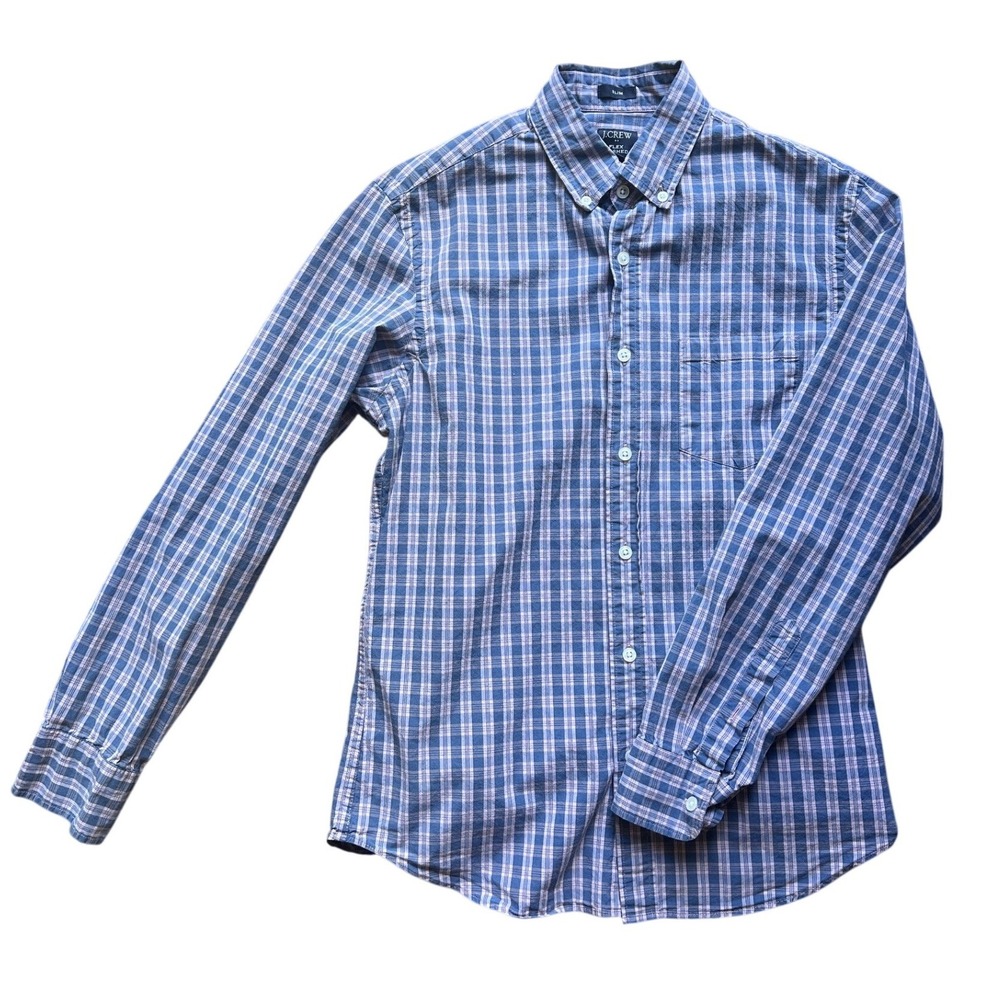 J.Crew Flex Washed Slim Shirt Mens M Blue Pink Plaid Long Sleeve Button Down